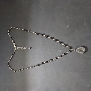 Silver Tone Black Beaded Netted Crystal Pendant Statement Necklace